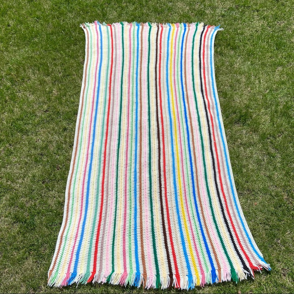 Vintage Handmade Rainbow Striped Granny Quilt Blanket